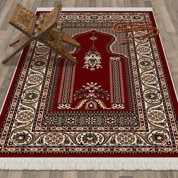 Turkish Muslim Prayer Rug Red & Vintage 80x120cm 2'8''x3'11'' Bamboo Prayer Mat Soft Non-Slip Janamaz Kaaba Praying Mat ( With Tasbeeh Gift ) - 3