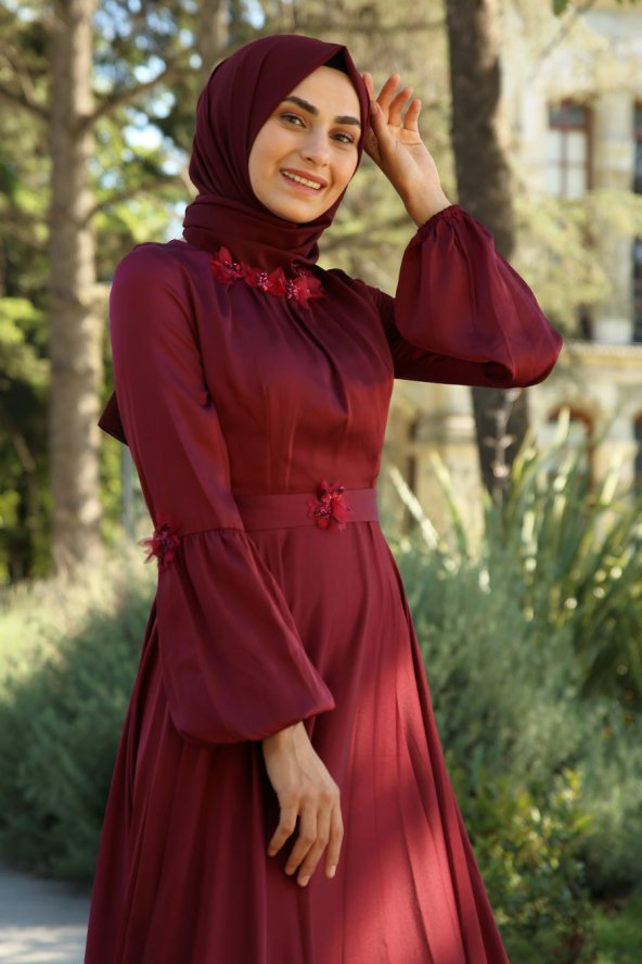Balon Kol Tesettür Abiye Elbise -Bordo - 3