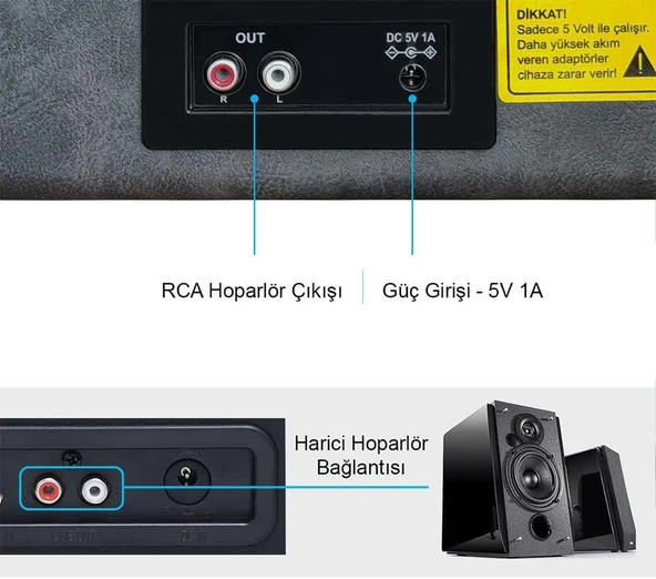 ST14012 Bluetooth ve Şarj Özellikli Pikap 33-45-78 Devir Gri-Siyah Deri Renk Tek Ebat Beden - 5