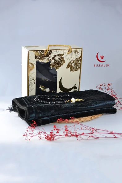 Özel Kutulu Hediyelik Lüks Kadife Dokuma Seccade ve Kristal Tesbih Seti - Resim 8