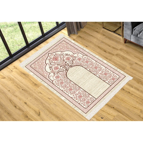 Turkish Muslim Prayer Rug Beige & White  Vintage 80x120cm 2'8''x3'11'' Bamboo Prayer Mat Soft Non-Slip Janamaz Kaaba Praying Mat ( With Tasbeeh Gift )