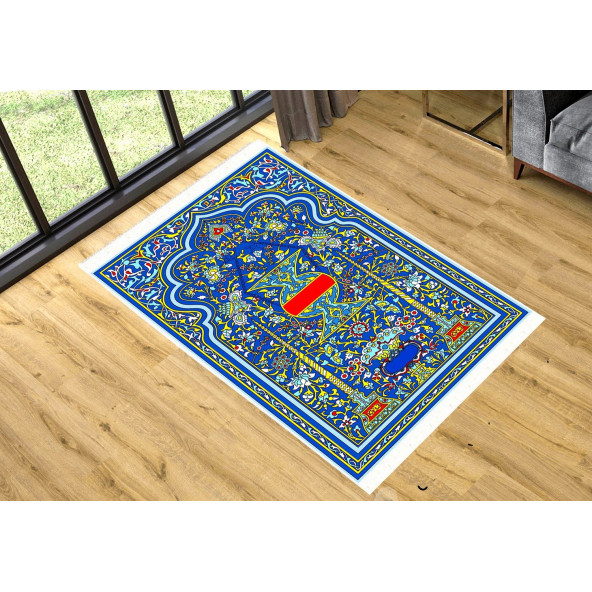 Turkish Muslim Prayer Rug Blue & Red Vintage 80x120cm 2'8''x3'11'' Bamboo Prayer Mat Soft Non-Slip Janamaz Kaaba Praying Mat ( With Tasbeeh Gift )