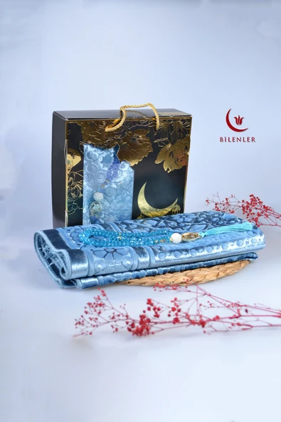 Özel Kutulu Hediyelik Lüks Kadife Dokuma Seccade ve Kristal Tesbih Seti - Resim 2