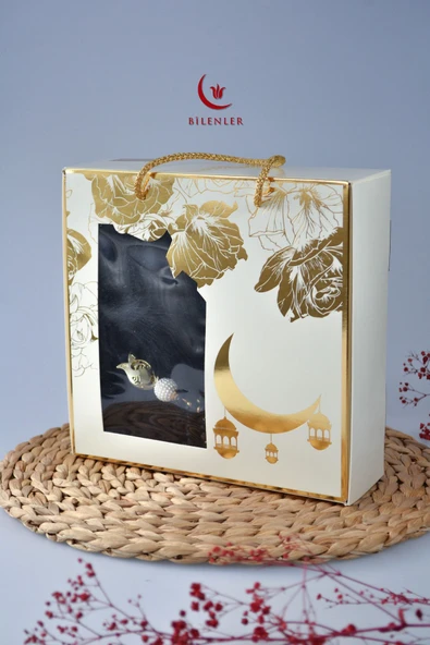 Özel Kutulu Hediyelik Lüks Kadife Dokuma Seccade ve Kristal Tesbih Seti - Resim 9