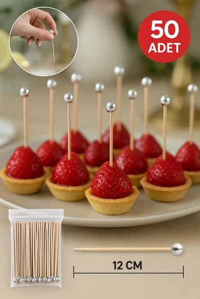 50’li Gümüş Top Başlıklı 12 cm Bambu Kürdan Seti – Kokteyl, Tatlı ve Davet Sunumları İçin Şık Seçim - 3