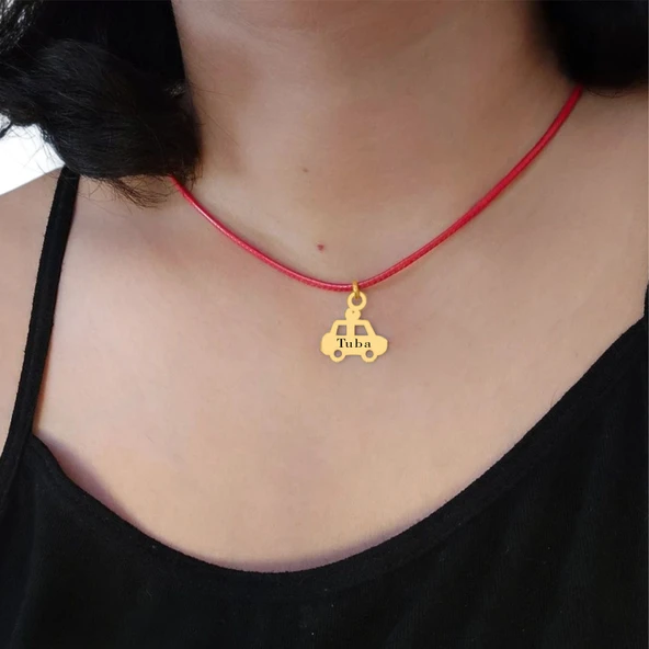 14 Ayar Altın Plakalı İsme Özel Araba Motifli Kırmızı Bağlıklı Hediyelik Kolye-626 - Resim 2