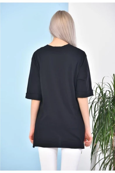 Pamuk Bisiklet Yaka Boyfriend Örme T-shirt - Resim 2