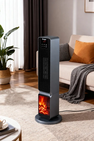 Hoogar German 2701 L GREY OLED Şömineli Ekran Dijital Göstergeli Kule Tipi Seramik Fanlı Isıtıcı ürün görseli 1