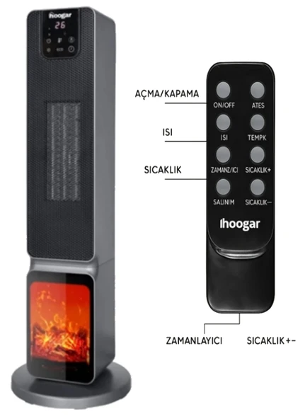 Hoogar German 2701 L GREY OLED Şömineli Ekran Dijital Göstergeli Kule Tipi Seramik Fanlı Isıtıcı - 2