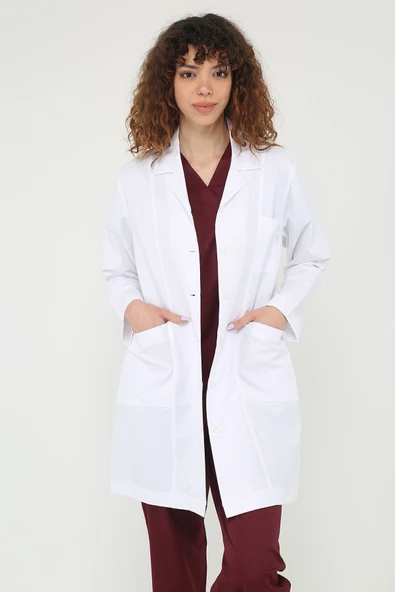 Uzun Kol Beyaz Unisex Önlük Ceket Boy Apaş Yaka Doktor Hemşire Öğretmen Önlüğü ürün görseli 1