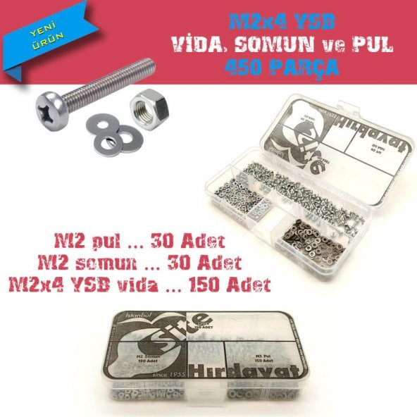 M2x4 YSB Vida Somun ve Pul Seti, 450 Parça