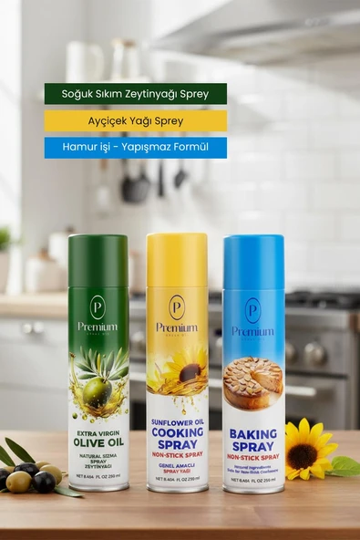 Premium Sprey Yağ Serisi, Zeytinyağı, Ayçiçek Yağı ve Hamur İşleri için Bitkisel Yağ, 250 ML Sprey Şişelerde ürün görseli