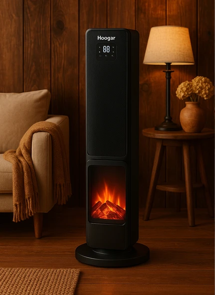 Hoogar German 2701 L Black OLED Şömineli Ekran Dijital Göstergeli Kule Tipi Seramik Fanlı Isıtıcı - 3