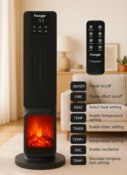 Hoogar German 2701 L Black OLED Şömineli Ekran Dijital Göstergeli Kule Tipi Seramik Fanlı Isıtıcı - 4