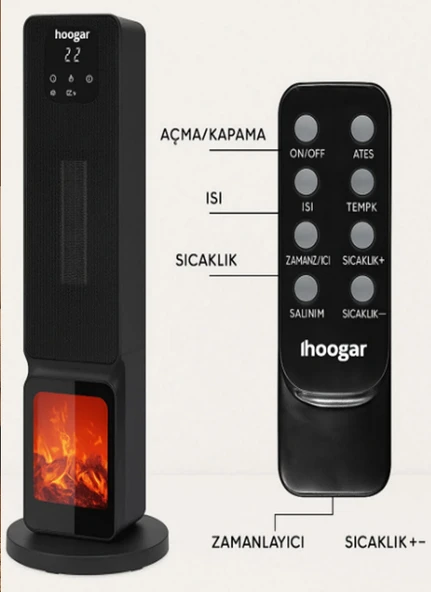 Hoogar German 2701 L Black OLED Şömineli Ekran Dijital Göstergeli Kule Tipi Seramik Fanlı Isıtıcı - 6