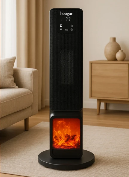Hoogar German 2701 L Black OLED Şömineli Ekran Dijital Göstergeli Kule Tipi Seramik Fanlı Isıtıcı