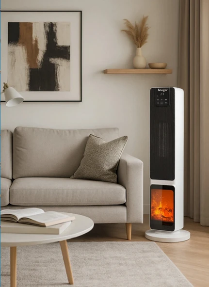 Hoogar German 2701 L White OLED Şömineli Ekran Dijital Göstergeli Kule Tipi Seramik Fanlı Isıtıcı