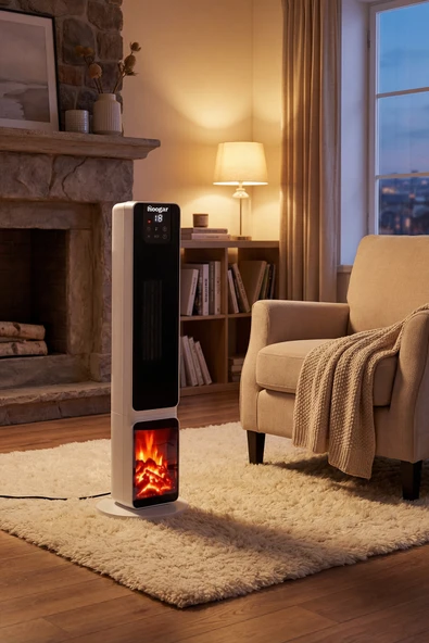 Hoogar German 2701 L White OLED Şömineli Ekran Dijital Göstergeli Kule Tipi Seramik Fanlı Isıtıcı ürün görseli 1