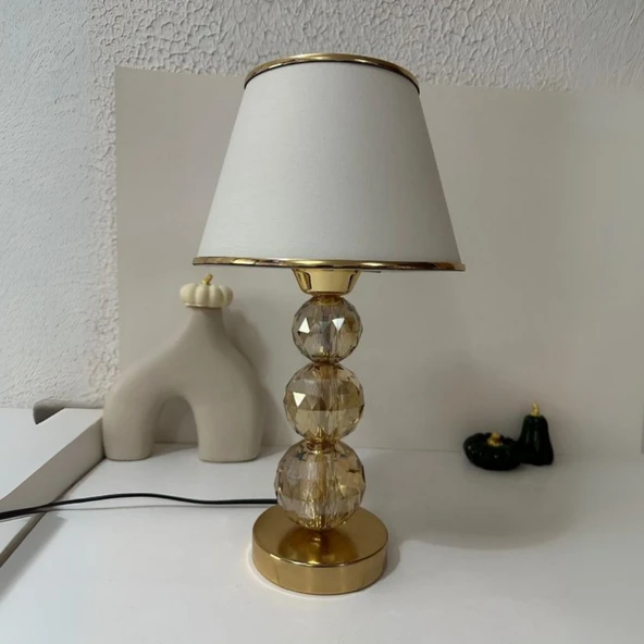 Mooncher Cam Gövdeli Gold Metal Abajur Altın Şeritli Krem Kumaş Başlık Gece Lambası ürün görseli