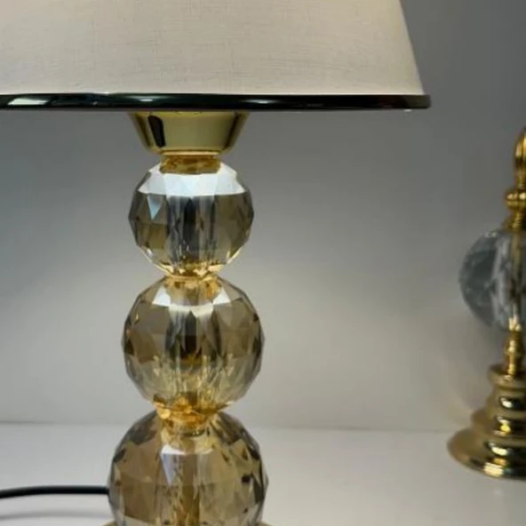 Mooncher Cam Gövdeli Gold Metal Abajur Altın Şeritli Krem Kumaş Başlık Gece Lambası - Resim 3