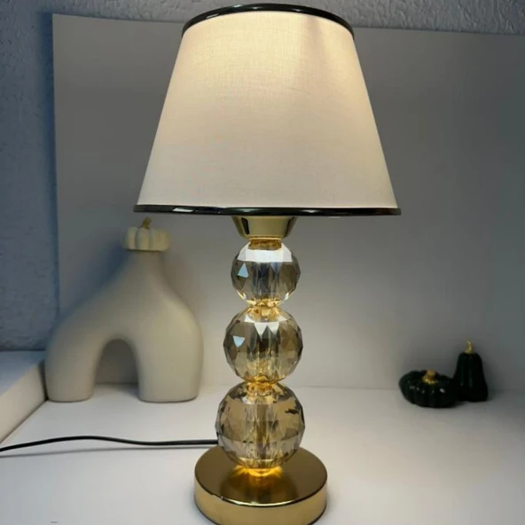 Mooncher Cam Gövdeli Gold Metal Abajur Altın Şeritli Krem Kumaş Başlık Gece Lambası - Resim 5