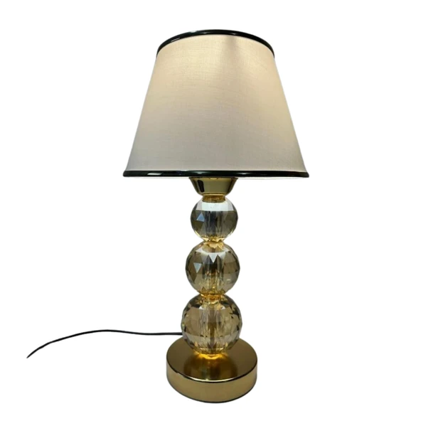 Mooncher Cam Gövdeli Gold Metal Abajur Altın Şeritli Krem Kumaş Başlık Gece Lambası - Resim 6