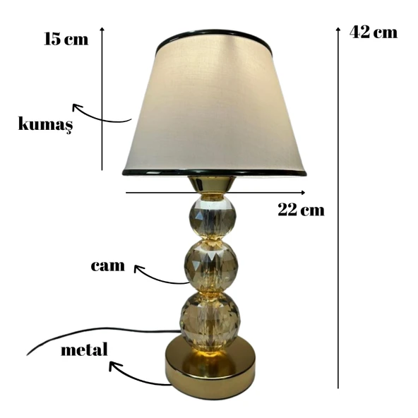 Mooncher Cam Gövdeli Gold Metal Abajur Altın Şeritli Krem Kumaş Başlık Gece Lambası - Resim 4