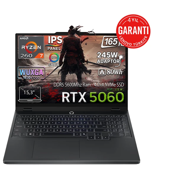 Lenovo Legion 5 15AHP10 Amd Ryzen 7 260 24GB 1tb SSD Geforce Rtx 5060 8gb (115W) 15.3" Wuxga IPS Panel 165Hz Freedos Taşınabilir Bilgisayar 83M00070TR