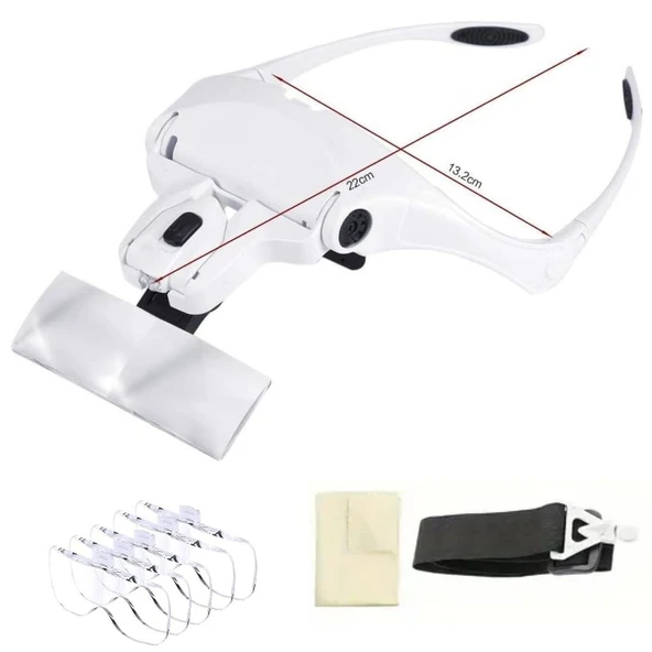 BUFFER® 5 Lensli 2 Led Işıklı Ayarlanabilir Pilli Gözlük Tipi Büyüteç - Resim 5