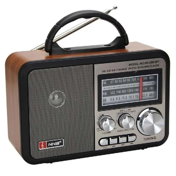 BUFFER® Orta Boy Retro, Nostaljik, Ahşap Tasarım Bluetooth Hoparlörlü, Şarjlı, Taşınabilir FM/AM Destekli Radyo NS-8897 ürün görseli 1
