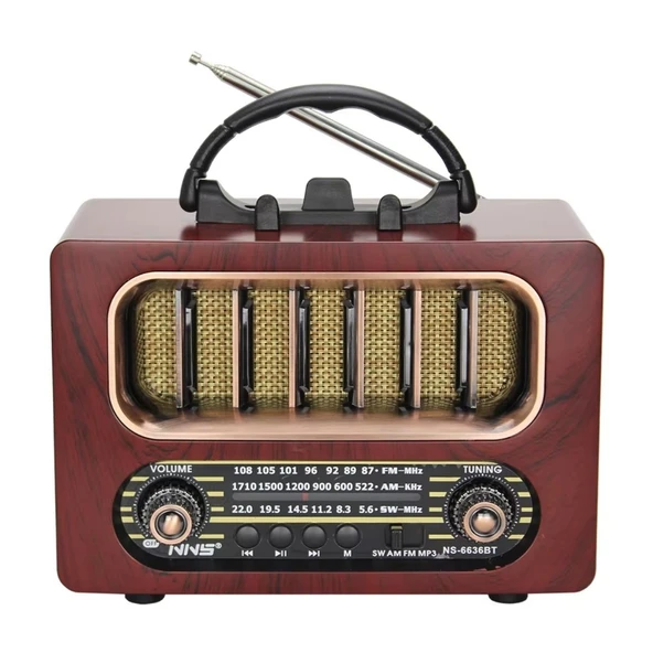BUFFER® Orta Boy Retro Ahşap Tasarım Bluetooth Hoparlörlü Radyo – FM/AM Destekli, Şarjlı ve Taşınabiliri Radyo NS-6636 ürün görseli 1