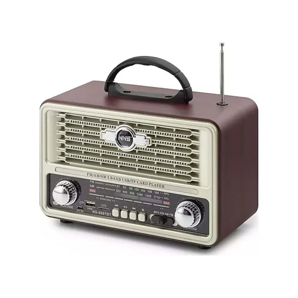 BUFFER® Küçük Boy Retro, Nostaljik, Ahşap Tasarım Bluetooth Hoparlörlü, Şarjlı, Taşınabilir Yanı LED Işıklı FM/AM Destekli Radyo NS6675 ürün görseli 1