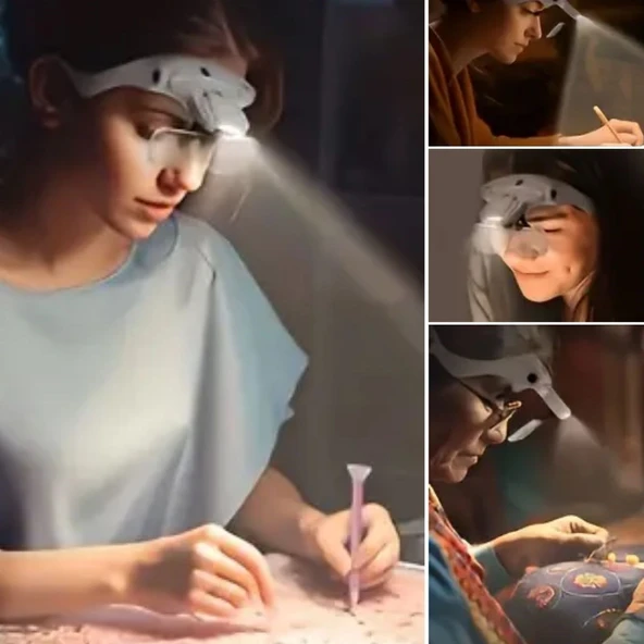 BUFFER® 5 Lensli 2 Led Işıklı Ayarlanabilir Pilli Gözlük Tipi Büyüteç - Resim 3