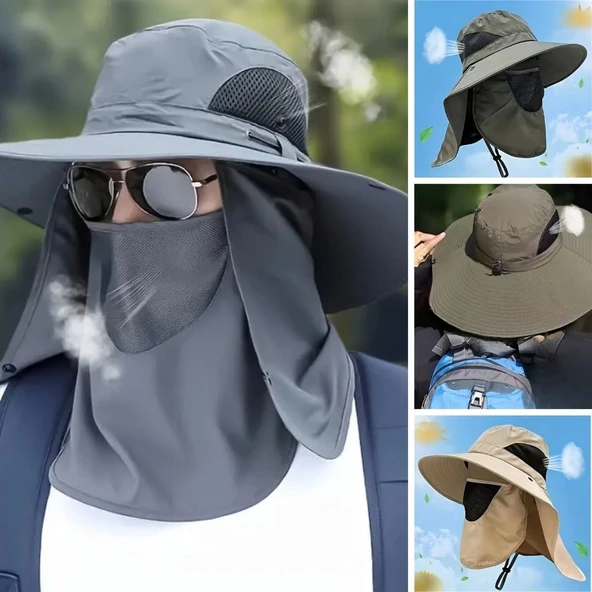 Güneş Koruyuculu Nefes Alabilen Maskeli ve Boyun Kapaklı Geniş Kenarlı Balıkçı Şapkası - Resim 2