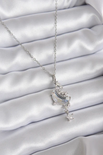 316L Çelik Zincir Gümüş Renk Zirkon Taşlı Ay Model Sallantı Yıldız Detay Kadın Kolye - TJ-BKO7807 ürün görseli 1