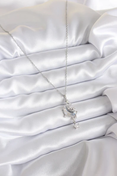 316L Çelik Zincir Gümüş Renk Zirkon Taşlı Ay Model Sallantı Yıldız Detay Kadın Kolye - TJ-BKO7807 - Resim 2