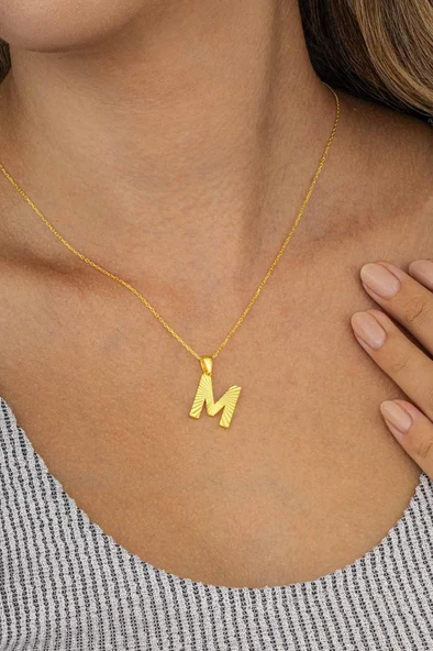 Gümüş Pazarım Altın Kaplama M Harfi Kadın 925 Ayar Gümüş Kolye - Resim 2