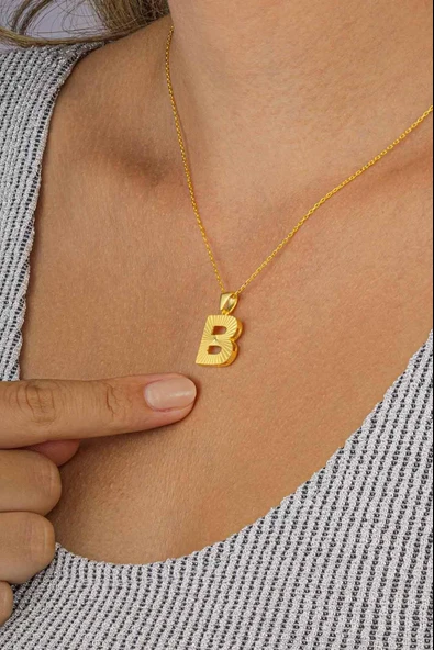 Gümüş Pazarım Altın Kaplama Altın Kaplama B Harfi Kadın 925 Ayar Gümüş Kolye - Resim 2