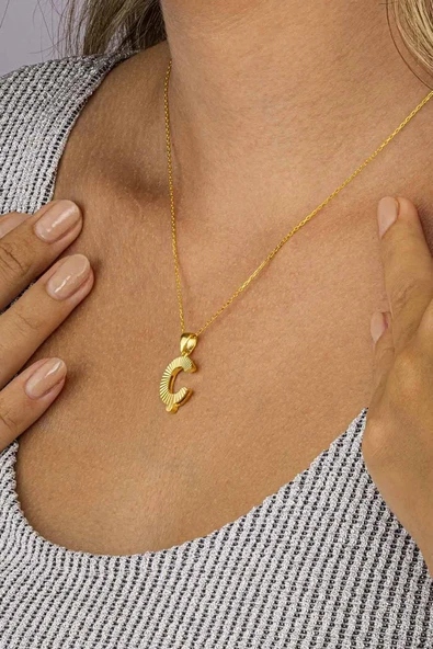 Gümüş Pazarım Altın Kaplama Ç Harf Kadın 925 Ayar Gümüş Kolye - Resim 2