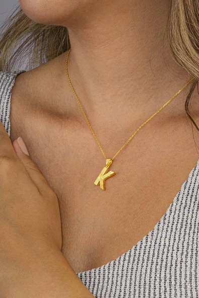 Gümüş Pazarım Altın Kaplama K Harfi Kadın 925 Ayar Gümüş Kolye - Resim 2