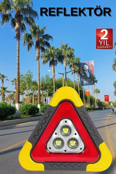 Reflektör Güneş Panelli Solarlı Şarjlı Üçgen Işıklı Trafik Reflektör Fener - 2