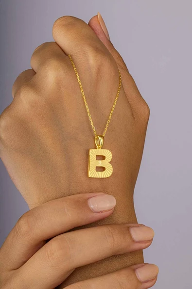 Gümüş Pazarım Altın Kaplama Altın Kaplama B Harfi Kadın 925 Ayar Gümüş Kolye - Resim 3