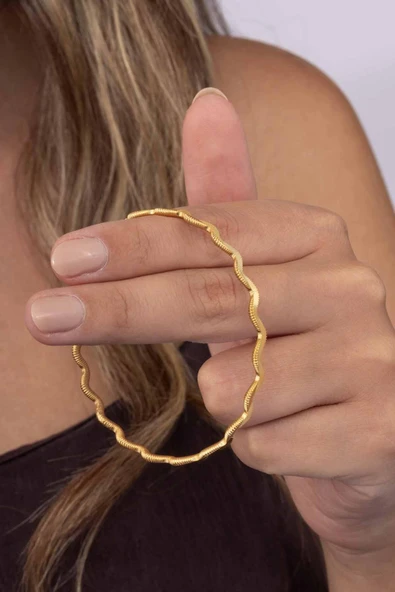 Gümüş Pazarım Altın Kaplama Dalgalı Model 925 Ayar Gümüş Kadın Ajda Bilezik - 3