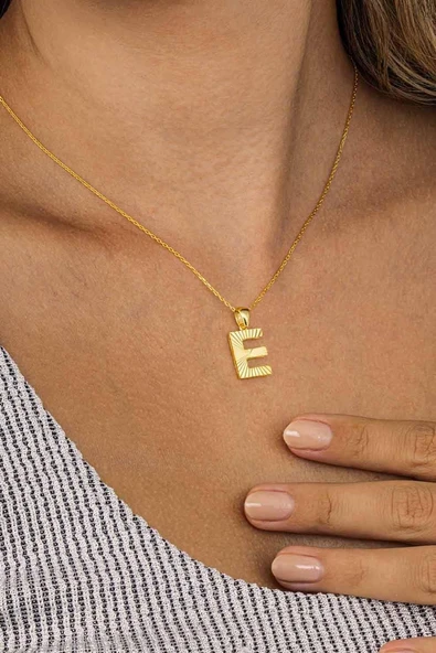 Gümüş Pazarım Altın Kaplama E Harfi Kadın 925 Ayar Gümüş Kolye - 2