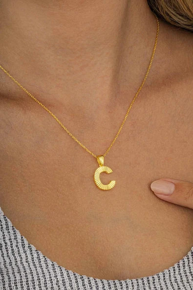 Gümüş Pazarım Altın Kaplama C Harfi Kadın 925 Ayar Gümüş Kolye - Resim 3