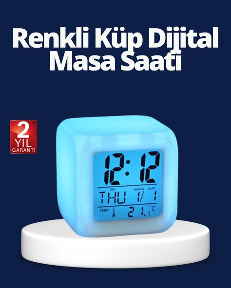 Renk Değiştiren LED Alarmlı Dijital Küp Masa Saati ürün görseli
