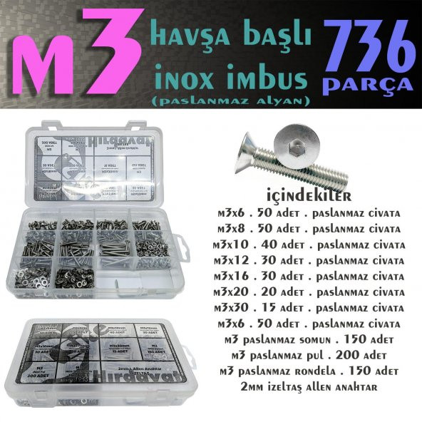 736 Parça M3 HB Inox Imbus Seti