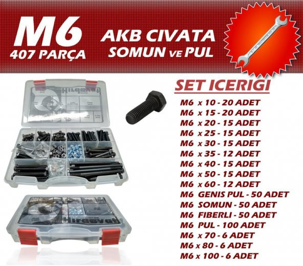 407 Parça M6 AKB Cıvata Seti + 8-10 Açık Ağızlı Anahtar