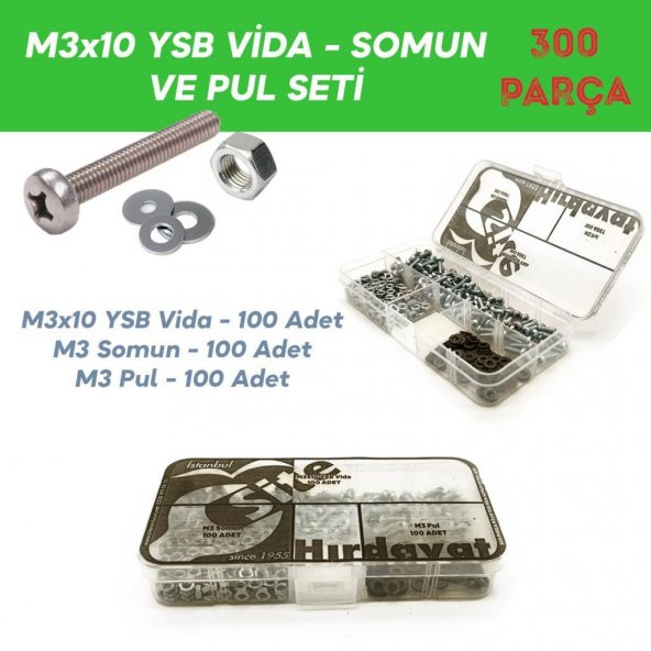 M3x10 YSB Vida Somun ve Pul Seti, 300 Parça