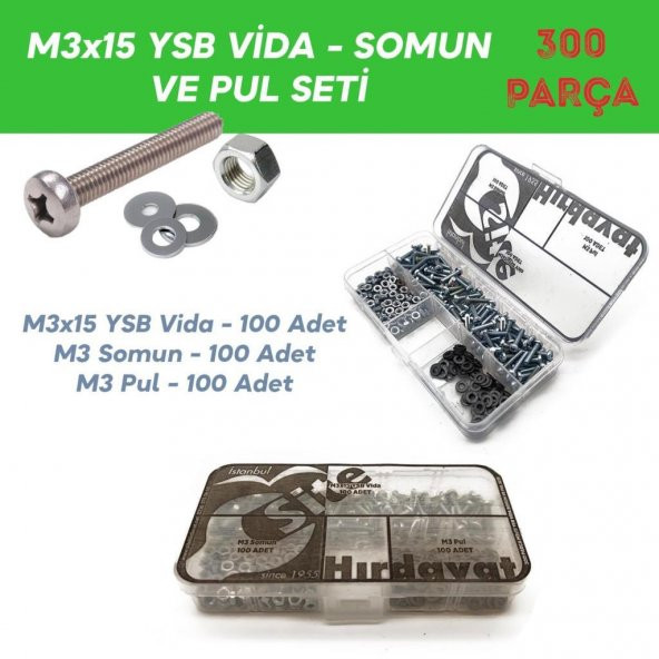M3x15 YSB Vida Somun ve Pul Seti, 300 Parça